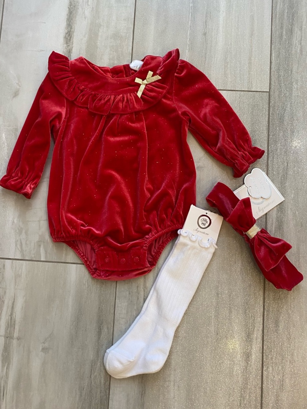 NWT Little Me Festive Red Sparkle Bubble Romper Knee Socks & Headband Set 3M